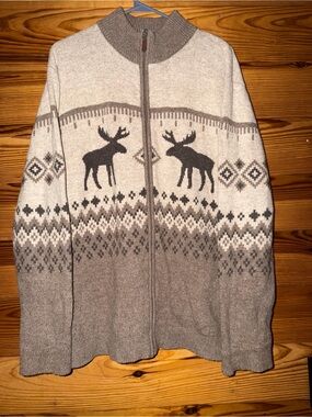 Men's Zip-Up Moose Pattern Sweater Cardigan - Beige/Gray
